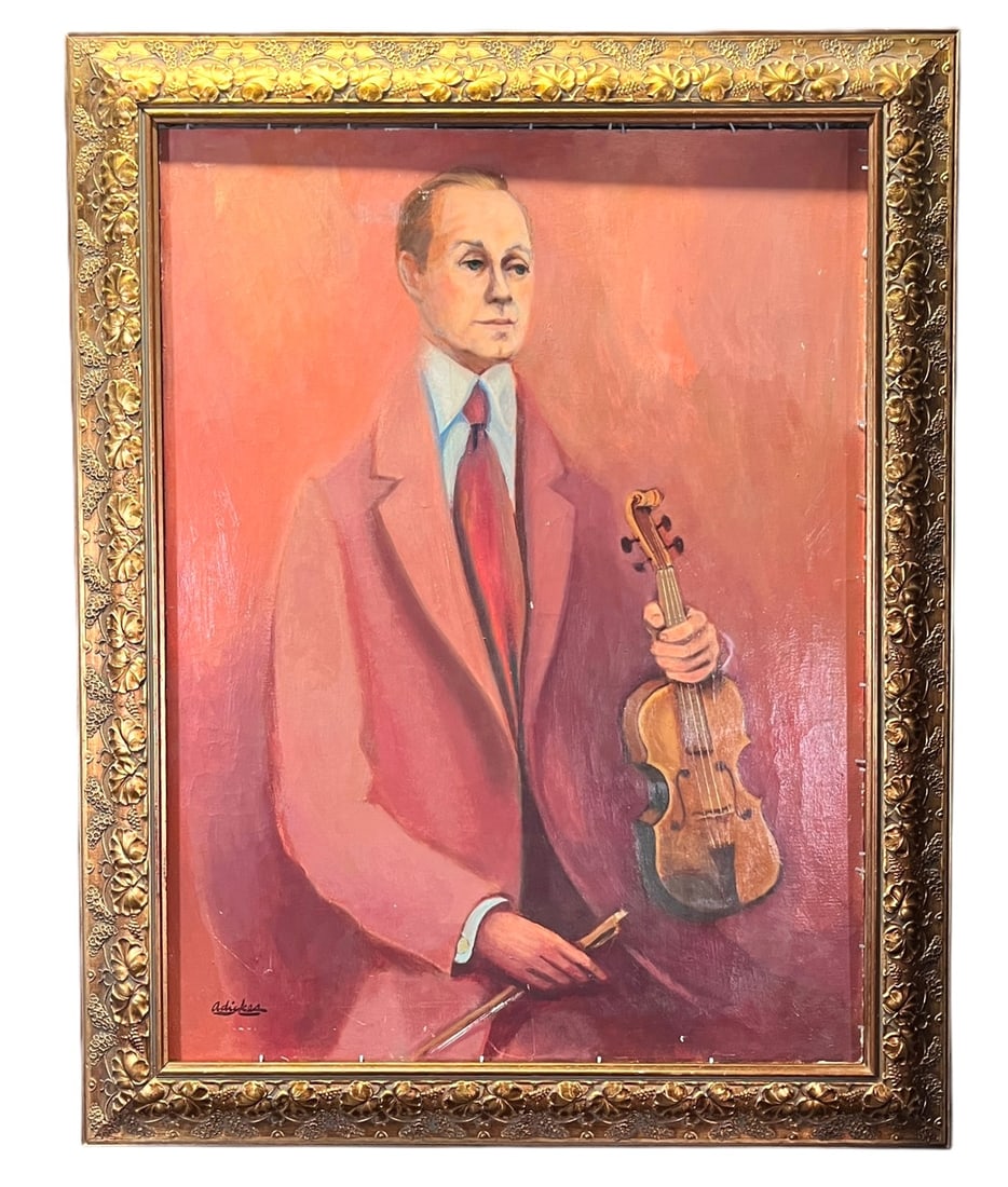 DAVID ADICKES "JACK BENNY & VIOLIN" ACRYLIC, 1985: DAVID ADICKES "JACK BENNY & VIOLIN" ACRYLIC ON CANVAS MOUNTED TO PANEL PAINTING, 1985. Height: 47.5 & 40 in. by Width: 37 & 30 in. by Depth: 1.5 in.