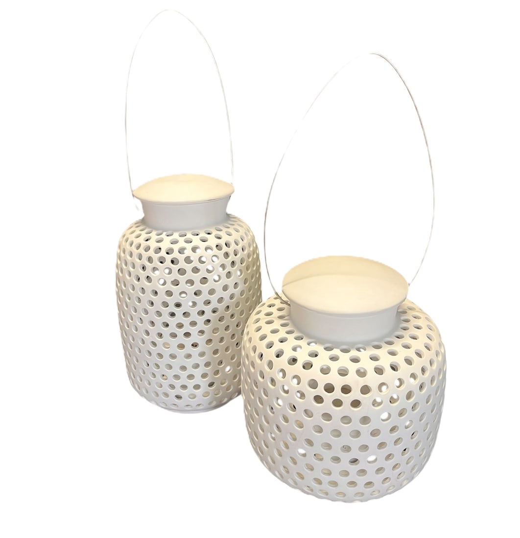 PAIR OF POLS POTTEN LANTERNS WHITE PORCELAIN: PAIR OF POLS POTTEN LANTERNS WHITE PORCELAIN. Height: 13 in. by Width: 8 in. by Depth: 8 in.
