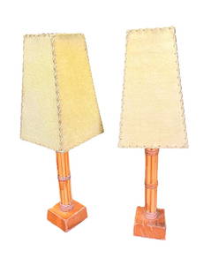 PAIR OF VINTAGE GREEN/LEATHER BAMBOO STYLE LAMPS: PAIR OF VINTAGE GREEN/LEATHER BAMBOO STYLE LAMPS. Height: 27 in. by Width: 7 in. by Depth: 7 in.