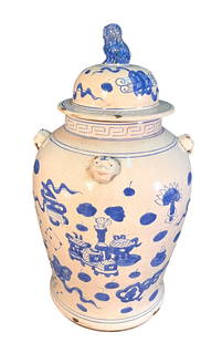 CHINESE BLUE AND WHITE PORCELAIN LIDDED TEMPLE JAR: CHINESE BLUE AND WHITE PORCELAIN LIDDED TEMPLE JAR. Height: 19.5 in. by Width: 12 in.