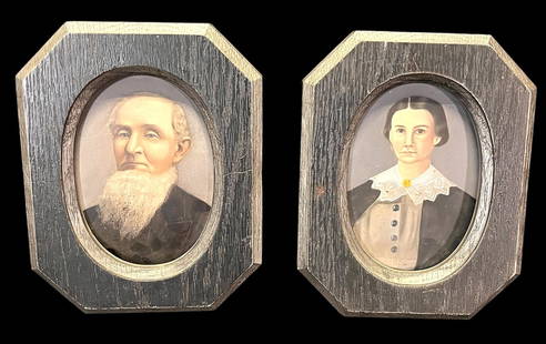 PAIR OF PORTRAITS PAINTED ON TIN: PAIR OF PORTRAITS PAINTED ON TIN. Height: 9 in. by Width: 8 in. by Depth: 7.8 in.