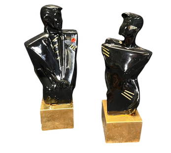 PAIR OF MALE AND FEMALE CERAMIC ART DECO FIGURES: PAIR OF MALE AND FEMALE CERAMIC ART DECO FIGURES. Height: 19 in. by Width: 8 in. by Depth: 7 in.