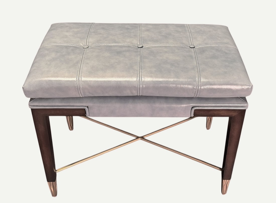 MODERN LEATHER BENCH WITH BRASS CROSS STRETCHER (1 of 3)