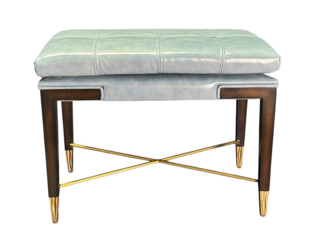 MODERN LEATHER BENCH WITH BRASS CROSS STRETCHER (1 of 3)