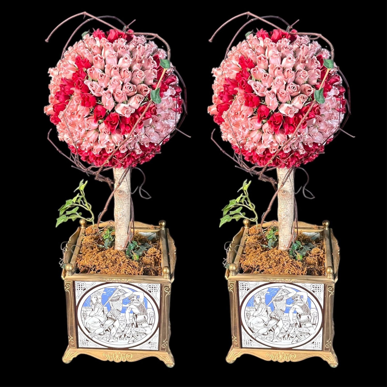 PAIR OF MINTON 1850's BRASS, TILED PLANT VASES: PAIR OF MINTON 1850's BRASS, TILED PLANT VASES W/ FLORAL ARRANGEMENT. Height: 21.5 in. by Width: 8 in. by Depth: 8 in.