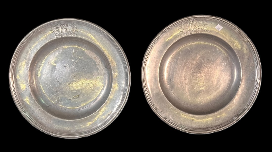 TWO LARGE VINTAGE PEWTER CHARGERS (1 of 3)