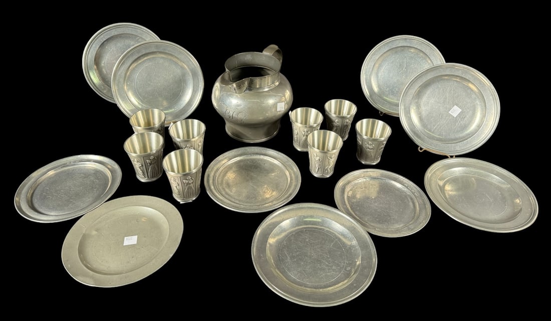 11-ANTIQUE PEWTER PIECES + 8 NEWER BEAKERS: 11-ANTIQUE PEWTER PIECES + 8 NEWER BEAKERS. Height: 6.5 in. by Width: 9.25 in. by Depth: 8 in.