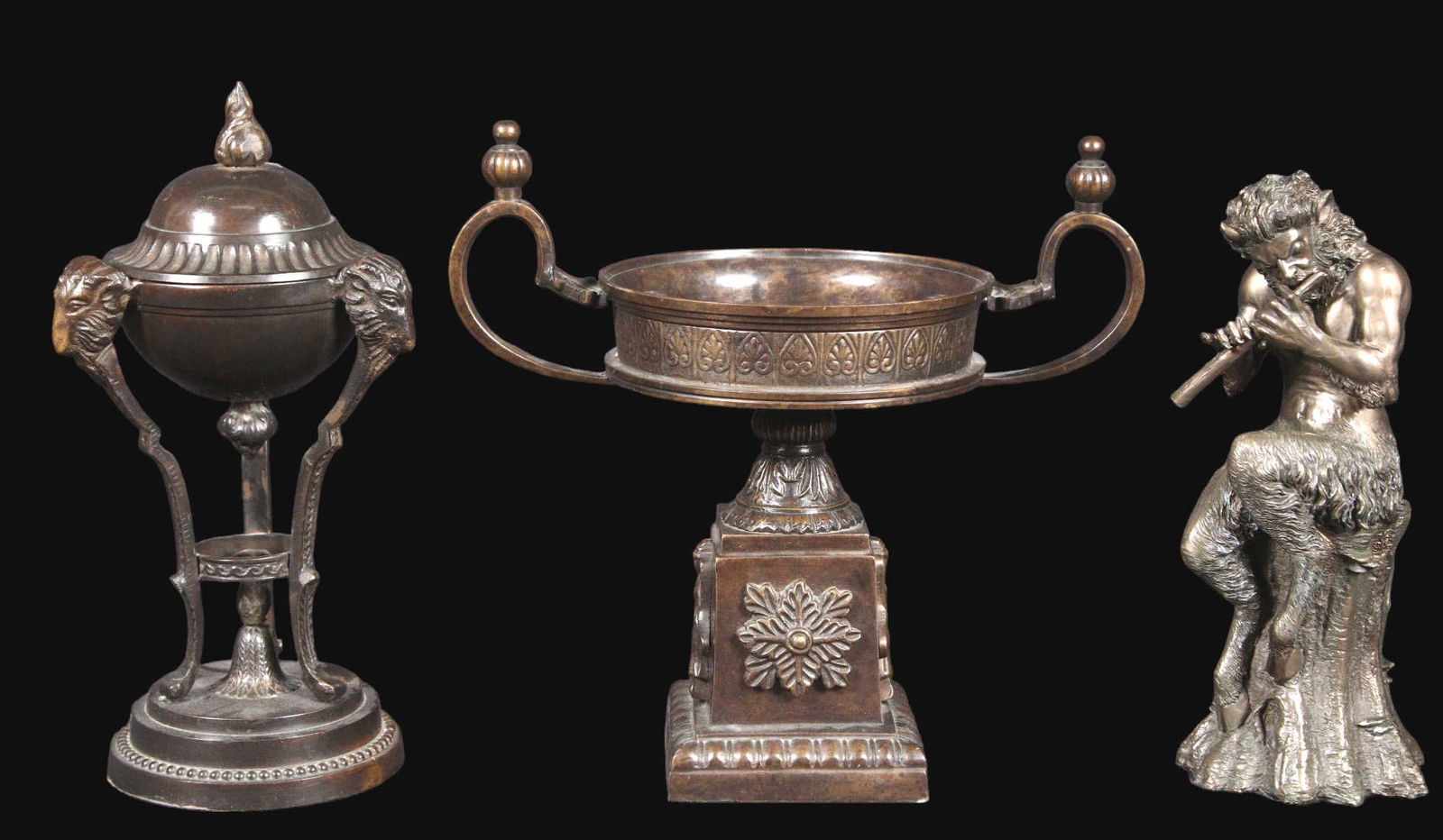 3 DECORATIVE OBJECTS, 2 BRONZE 1 RESIN STATUE: 3 DECORATIVE OBJECTS, 2 BRONZE 1 RESIN FIGURE. BRONZE LOOK RESIN BACCHUS. BRONZE TAZZA. BRONZE PASTILLE BURNER. Height: 11 in. by Width: 11 in. by Depth: 6