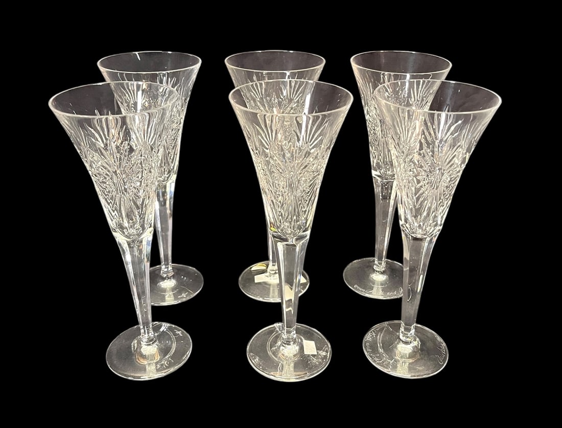 SET OF 6 WATERFORD CRYSTAL MILLENIUM FLUTE GLASSES: SET OF 6 WATERFORD CRYSTAL MILLENIUM FLUTE GLASSES Height: 9 in. by Width: 3.5 in. by Depth: 3.5 in.