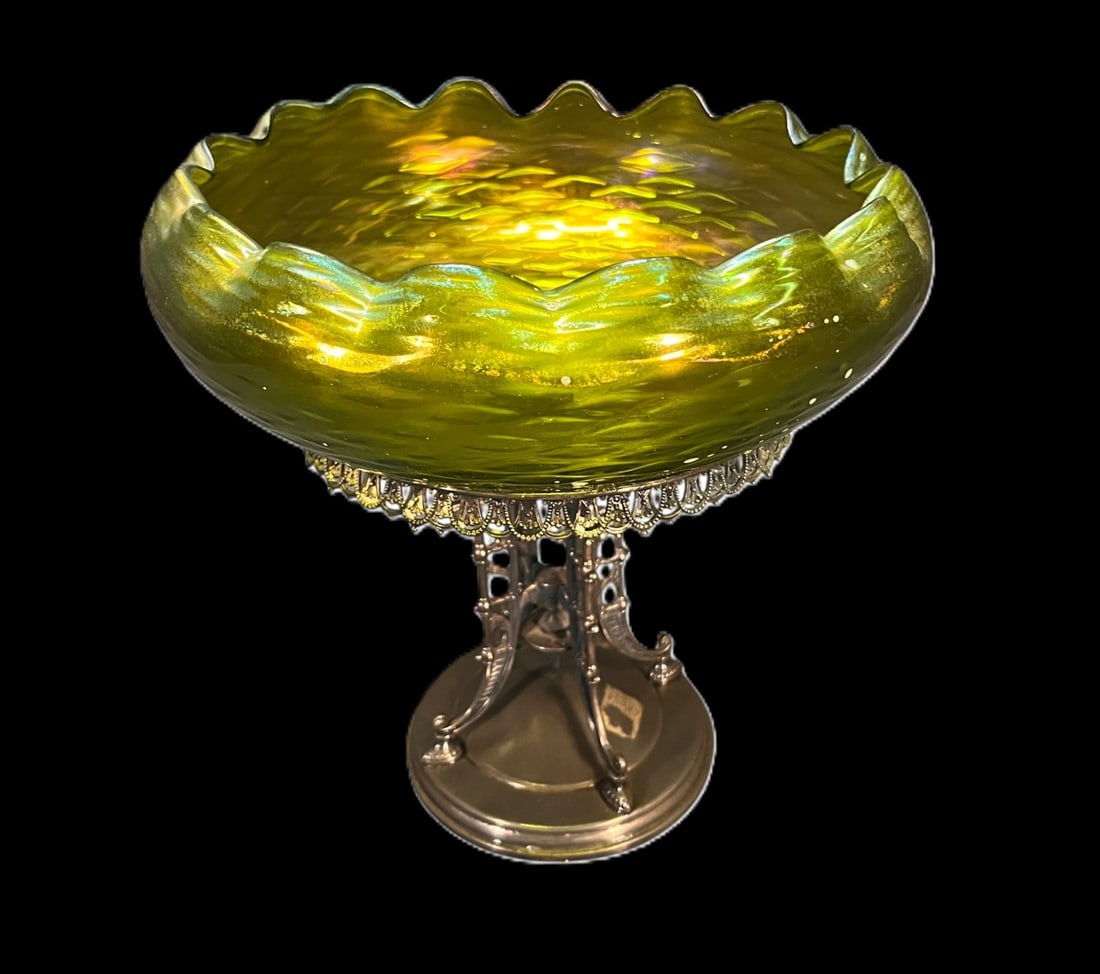 ANTIQUE LOETZ ART GLASS BOWL ON METAL STAND: ANTIQUE LOETZ ART GLASS BOWL ON METAL STAND. AUSTRIA. Height: 10.5 in. by Width: 10.5 in. by Depth: 10.5 in.