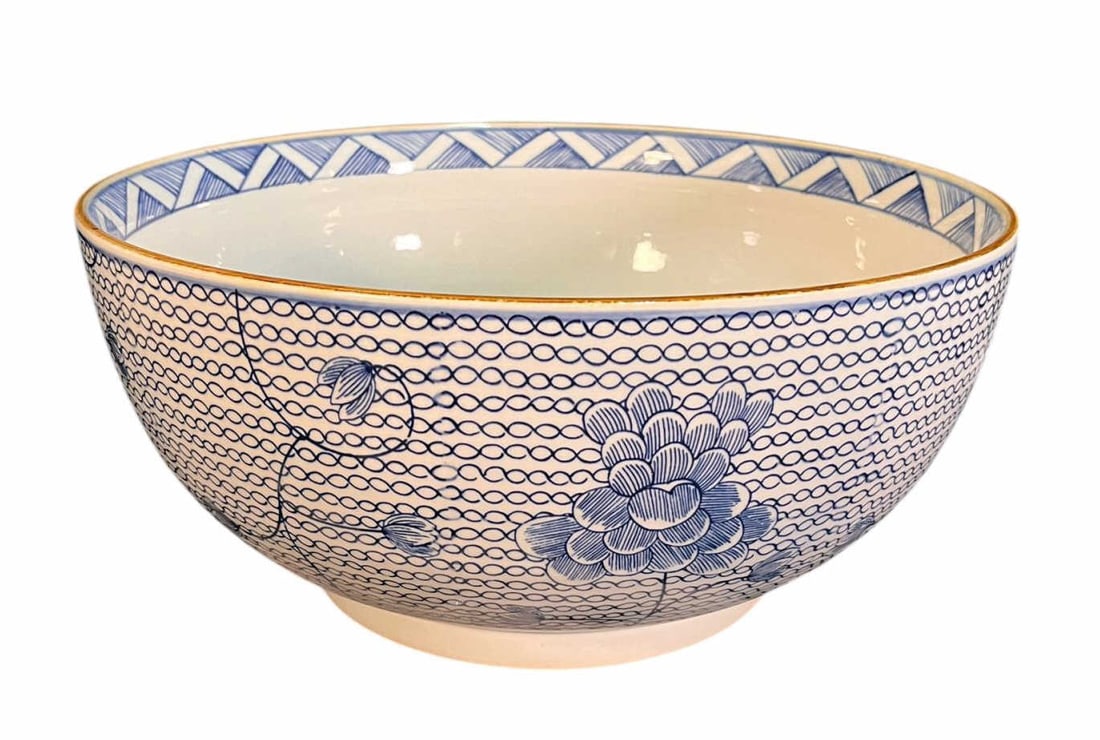 LARGE BLUE & WHITE PORCELAIN LOTUS FLOWER BOWL: LARGE BLUE & WHITE PORCELAIN LOTUS FLOWER BOWL. Height: 7.3 in. by Width: 15.8 in.