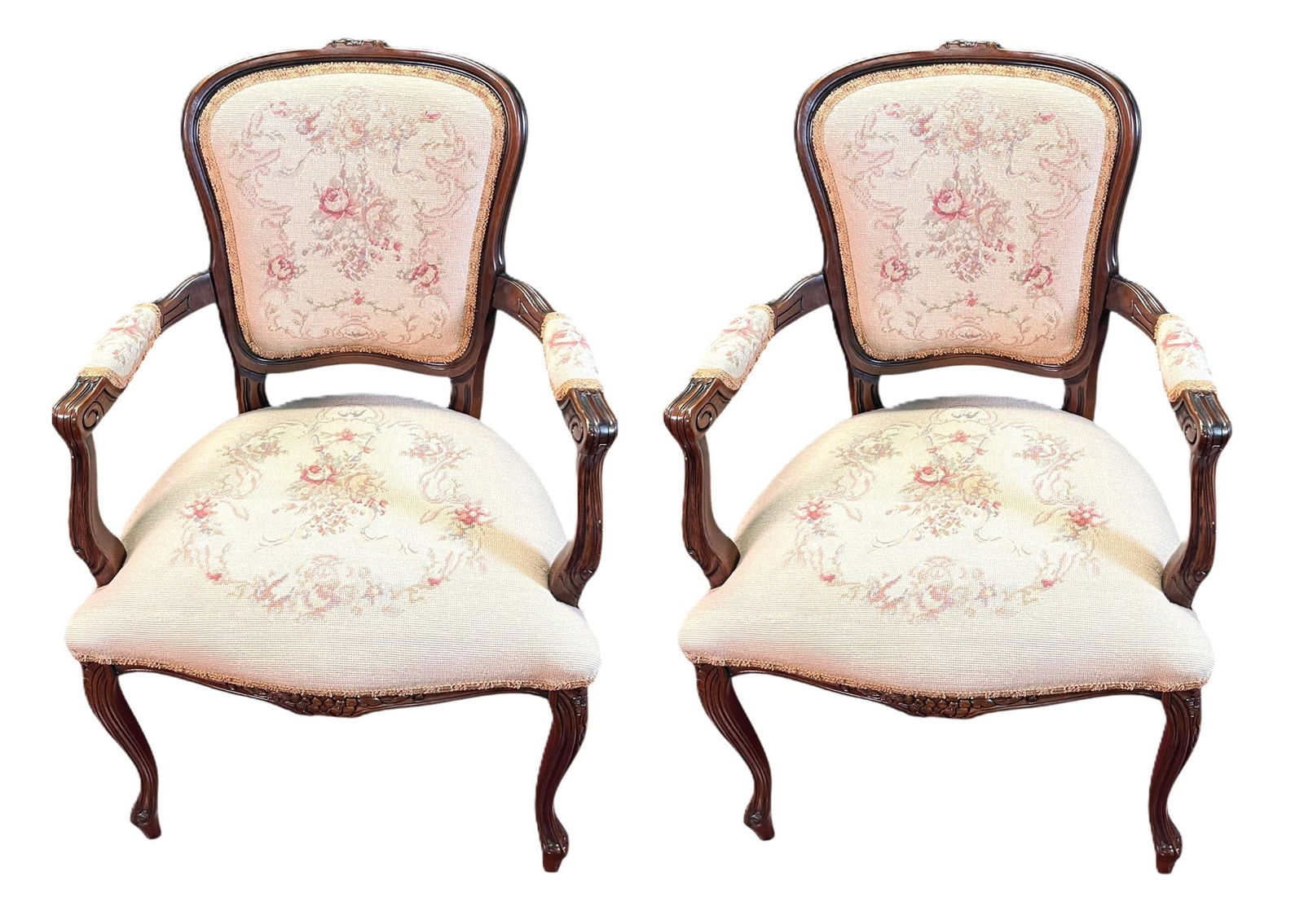 PAIR OF FRENCH STYLE UPHOLSTERED ARM CHAIRS: PAIR OF FRENCH STYLE UPHOLSTERED WOODEN ARM CHAIRS Height: 39 in. by Width: 25 in. by Depth: 24 in.