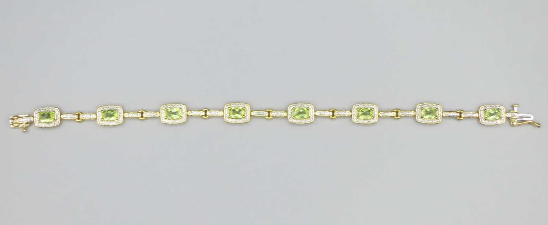 MICRO PAVE CZ & PERIDOT GOLD WASH 7" BRACELET: MICRO PAVE CZ & PERIDOT GOLD WASH STERLING 7" BRACELET.