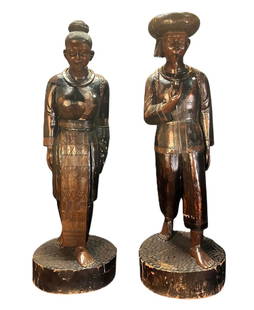 ASIAN MALE AND FEMALE WOOD CARVED FIGURES: ASIAN MALE AND FEMALE WOOD CARVED FIGURES. Height: 51 in. by Width: 19 in. by Depth: 19 in.