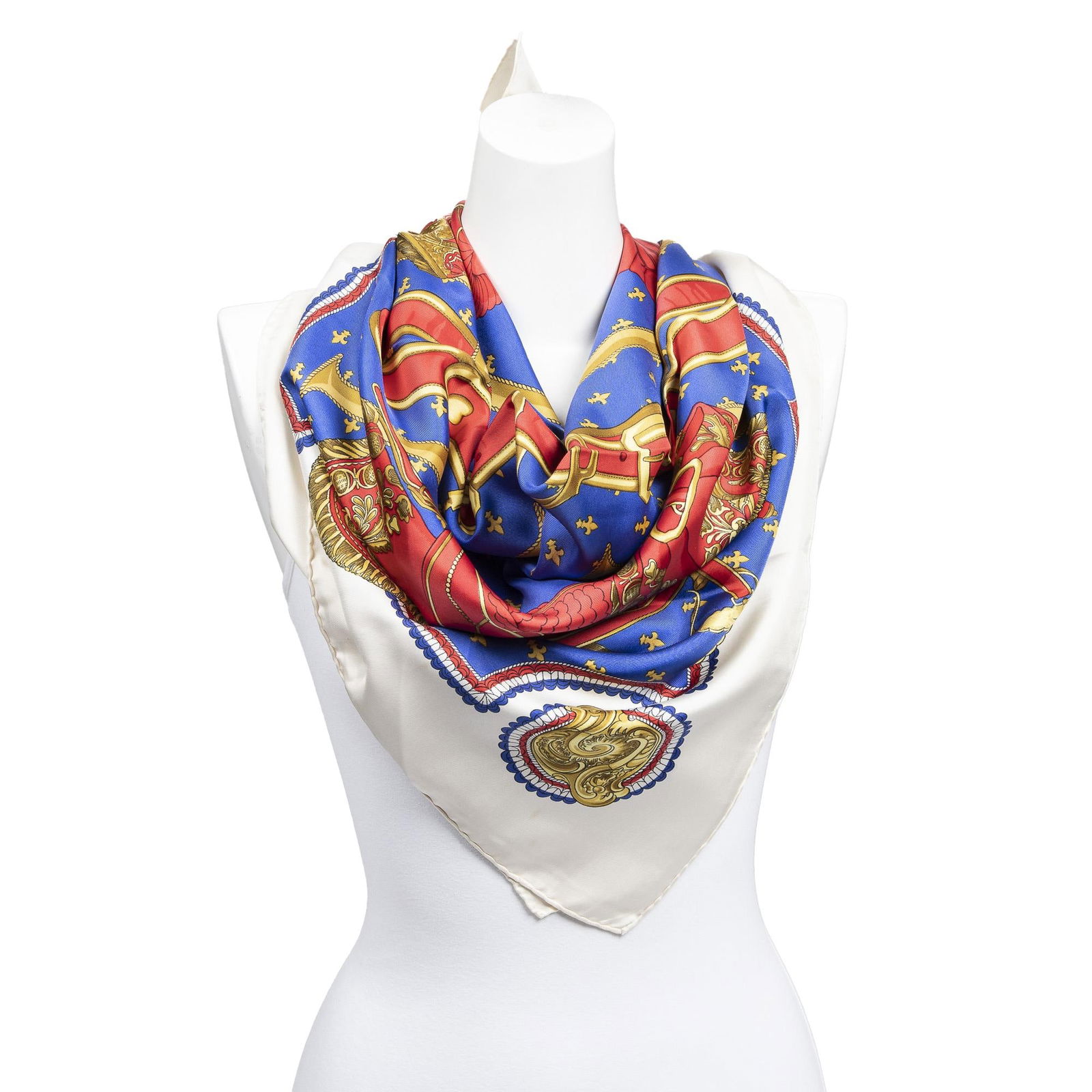 Hermes Scarf White/Red/Blue/Gold 100% Twill Silk: Hermes Scarf White/Red/Blue/Gold 100% Twill Silk France AAU5065 Height: 35 in. by Width: 35