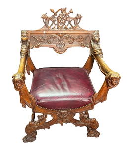 ANTIQUE FRENCH OAK SAVONAROLA  ARMCHAIR: ANTIQUE FRENCH OAK SAVONAROLA ARMCHAIR WITH LEATHER SEAT. Height: 38 in. by Width: 27 in. by Depth: 26 in.