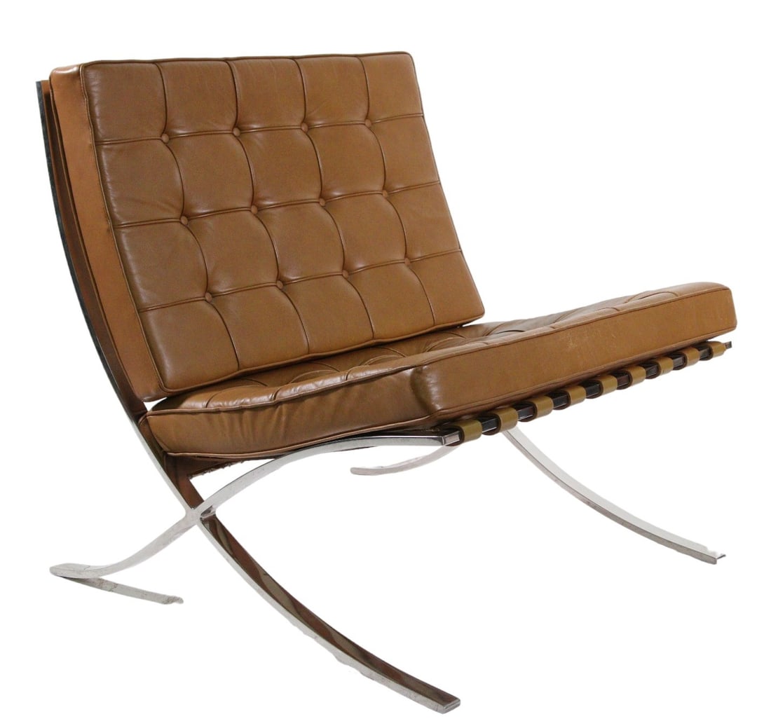 KNOLL BARCELONA CHAIR STAINLESS / TAN VOLO LEATHER: KNOLL BARCELONA CHAIR STAINLESS / TAN VOLO LEATHER #8. Original stainless steal frame, Cushion has cracks in leather, see photos. Sold As-Is. Height: 30.25 in. by Width: 29.5 in. by Depth: 30