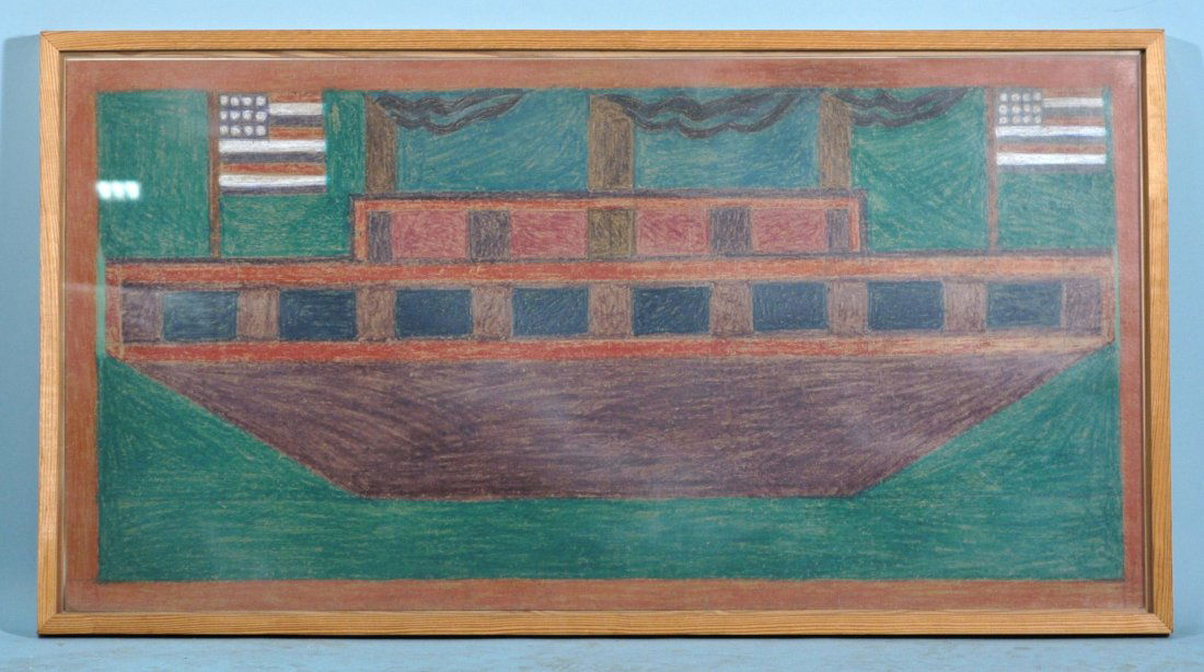 EDDIE ARNING "BOAT WITH TWO FLAGS" CRAYOLA/PAPER: EDDIE ARNING "BOAT WITH TWO FLAGS" CRAYOLA ON PAPER. Height: 20 in. by Width: 40 in.