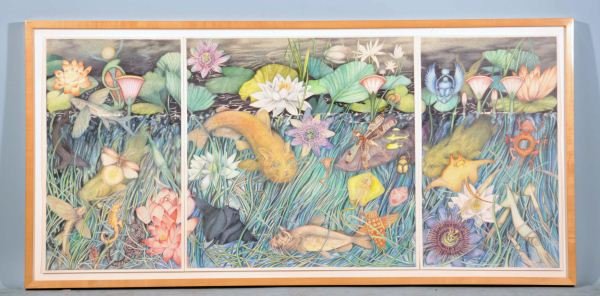 MARILYN DUKE "DESERT" TRYPTIC COLORED PENCIL/PAPER: MARILYN DUKE "DESERT" TRYPTIC COLORED PENCIL ON PAPER. Height: 22 5/8 and 13 1/2 in. by Width: 22 5/8 and 22 5/8 in.