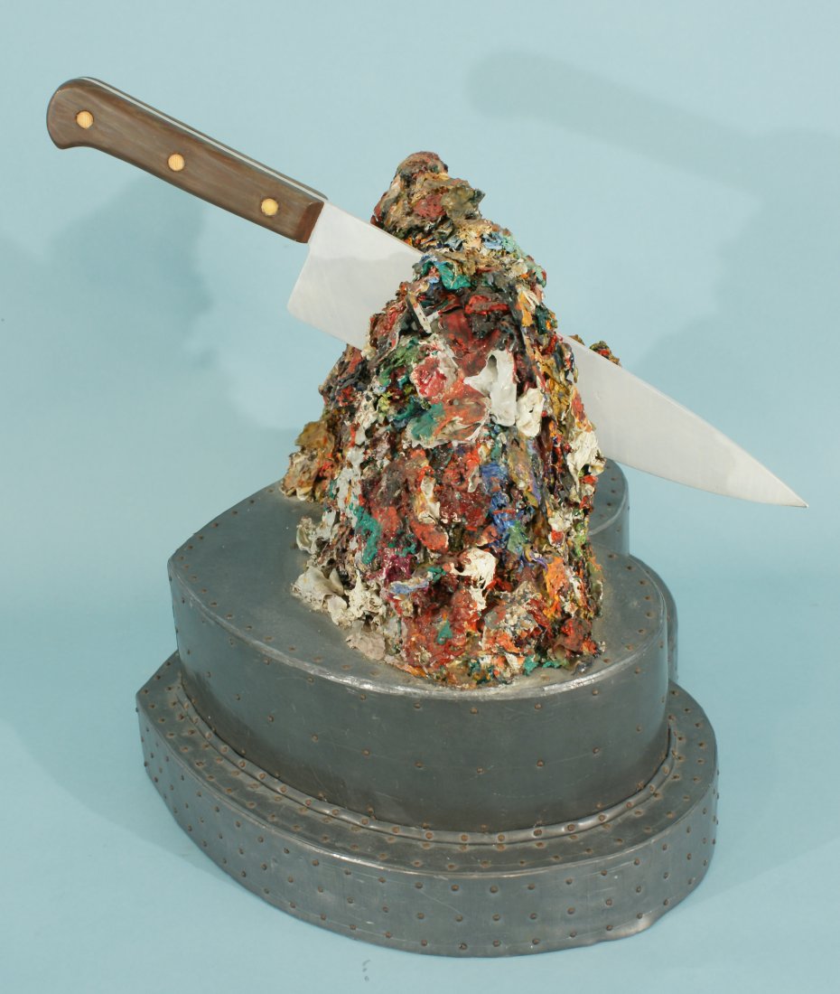 RUDY FERNANDEZ "UNTITLED KNIFE" MIXED MEDIA: RUDY FERNANDEZ "UNTITLED KNIFE" MIXED MEDIA RUDY FERNANDEZ "UNTITLED KNIFE" MIXED MEDIA OF WOOD, LEAD AND OIL PAINT. Height: 18 in. by Width: 17 in. by Depth: 18 in. Height: 18 in. by Width: 17 in. by