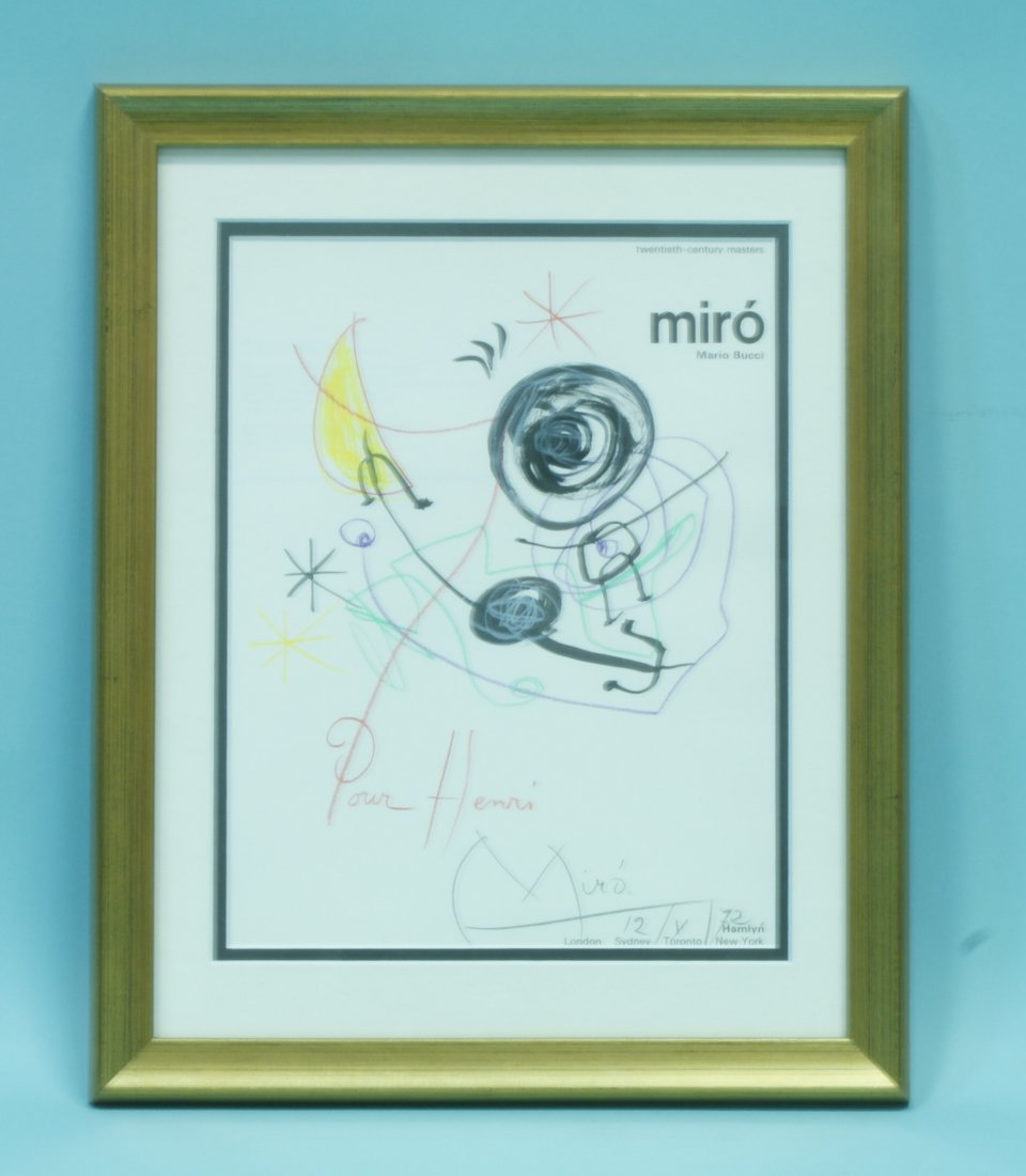 JOAN MIRO UNTITLED ABSTRACT, CRAYON/INK TITLE PAGE: ATTRIBUTED TO JOAN MIRO (1893-1983) UNTITLED ABSTRACT, CRAYON AND INK EXECUTED ON THE TITLE PAGE OF "MIRO" BY MARIO BUCCI, PUBLISHED BY HAMLYN, LONDON, 1970. PENCIL SIGNED LOWER RIGHT, DATED 12.V.72 A