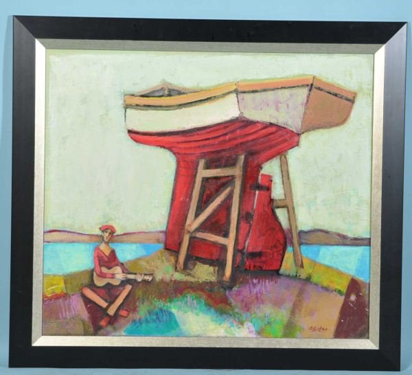 DAVID ADICKES "BEACH SOLO" ORIGINAL ACRYLIC/BOARD: DAVID ADICKES "BEACH SOLO WITH GUITARIST, BOAT" ORIGINAL ACRYLIC ON BOARD. Height: 34 and 27 1/2 in. by Width: 38 and 31 1/2 in. by Depth: 1 1/2 in.