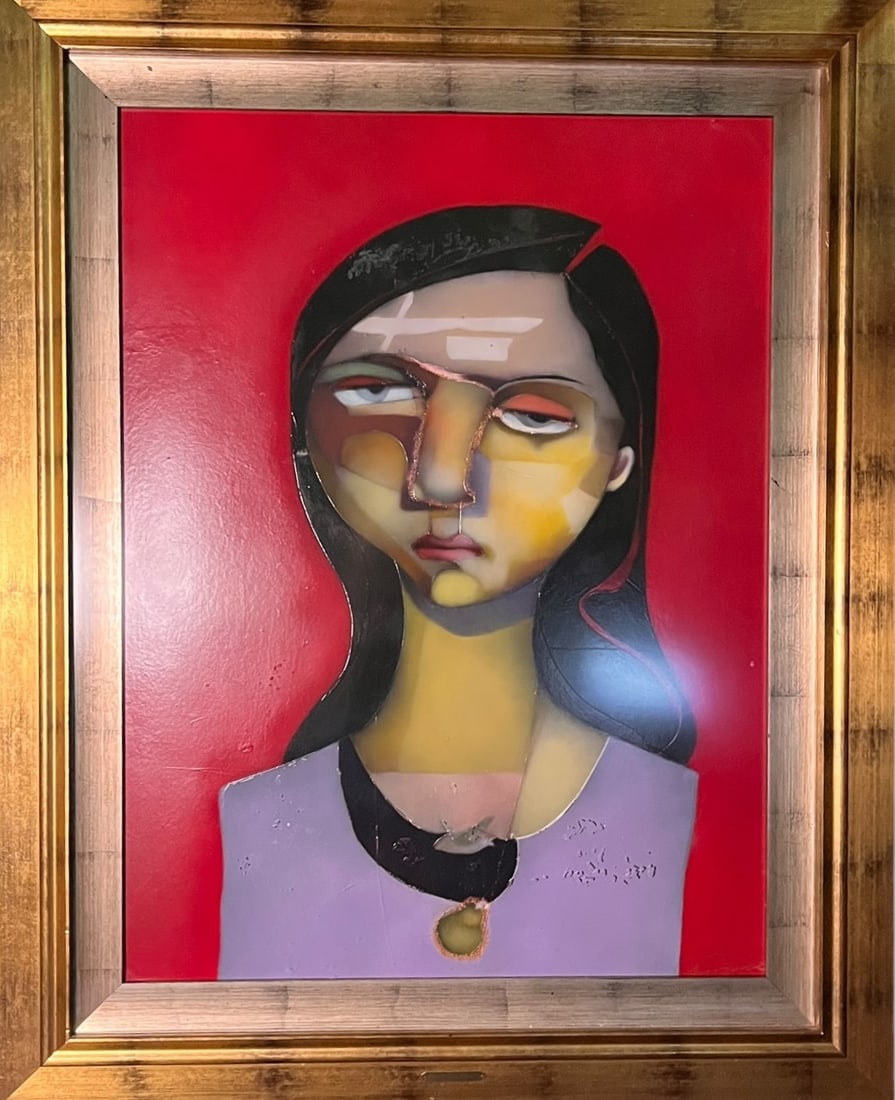 TERRI HALLMAN ABSTRACT FACE DRY PIGMENT ON PAPER: TERRI HALLMAN ABSTRACT FACE DRY PIGMENT ON PAPER PAINTING. Protective Lucite sheet's corner is cracked in bottom right. As-is condition. Height: 52.5 in. by Width: 42 in.