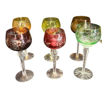 1960'S SET OF 6 CRYSTAL GLASSES, VAL SAINT LAMBERT: 1960'S SET OF 6 COLORED CUT CRYSTAL GLASSES, VAL SAINT LAMBERT Height: 8 in. by Width: 3 in. by Depth: 3 in.