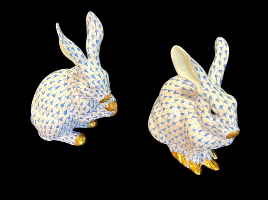 TWO HEREND BUNNIES: SET OF TWO HEREND BUNNIES. Height: 6 in. by Width: 5 in. by Depth: 3.5 in.