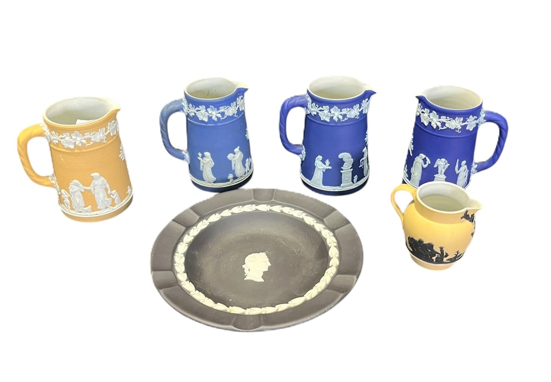 FIVE WEDGWOOD PITCHERS, & JULIUS CEASAR ASHTRAY: FIVE WEDGWOOD PITCHERS, & WEDGWOOD JULIUS CEASAR ASHTRAY in. by Width: 7 in. by Depth: 7 in.