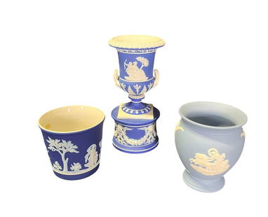 THREE VINTAGE WEDGWOOD PIECES: THREE VINTAGE WEDGWOOD PIECES. Footed urn (7 x 3") Cup (3 x 3 3/4". Urn (4 x 3.5")