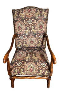 UPHOLSTERED MAHOGANY ARMCHAIR: UPHOLSTERED MAHOGANY ARMCHAIR. Height: 46 in. by Width: 23 in. by Depth: 29 in.