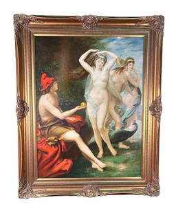 NEOCLASSICAL NYMPHS PAINTING BY JEAN GAEIN: DIANA AND AND HER NYMPHS, WITH ACTAEON OFFERING A GOLDEN APPLE IN A LOUIS XV STYLE GILDED FRAME. Height: 51 in. by Width: 40 in.