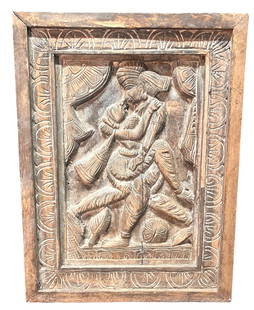 KAMASUTRA WOODEN HAND CARVED PANEL: KAMASUTRA WOODEN HAND CARVED PANEL. Height: 24 in. by Width: 18 in.
