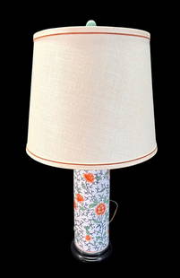 CHINESE FLORAL PORCELAIN TABLE LAMP W/ WOVEN SHADE: CHINESE FLORAL PORCELAIN TABLE LAMP W/ WOVEN SHADE. Height: 27.5 in. by Width: 7 in. by Depth: 7 in.