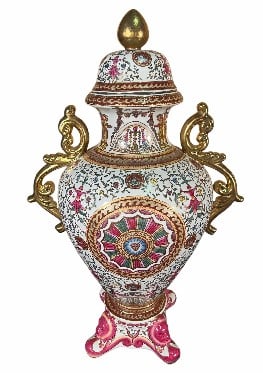 ORIENTAL ACCENT MAROON/GOLD/GREEN MEDALLION URN: ORIENTAL ACCENT MAROON/GOLD/GREEN MEDALLION URN Height: 26 in. by Width: 16 in. by Depth: 14 in.
