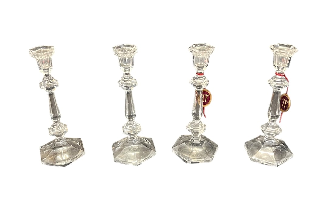 FOUR CRYSTAL HEXAGON CUT CANDLESTICKS (1 of 3)