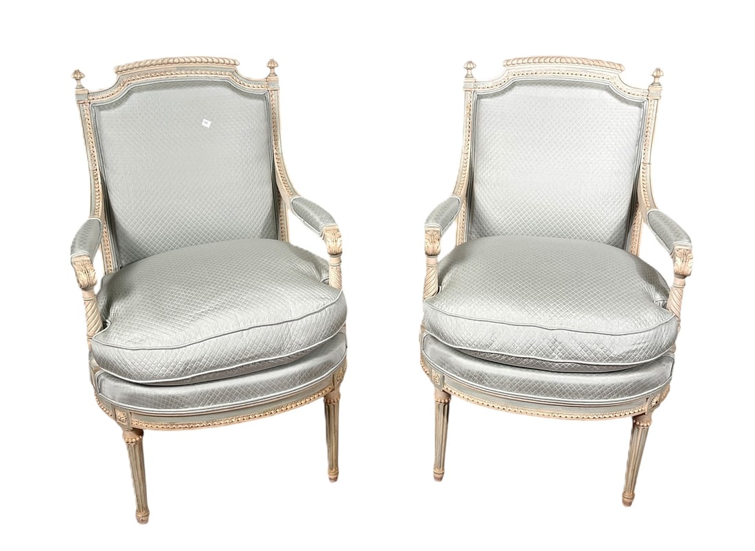 PAIR OF PAINTED LOUIS XVI STYLE ARMCHAIRS: PAIR OF PAINTED LOUIS XVI STYLE ARMCHAIRS. Height: 41 in. by Width: 24 in. by Depth: 25 in. Seat Height: 21.5 inches.