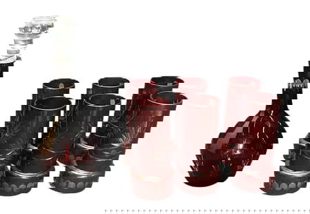 RUBY CUT CRYSTAL DECANTER AND 6 GLASSES: RUBY CUT CRYSTAL DECANTER AND 6 GLASSES Height: 10.5 in. by Width: 4.5 in. by Depth: 4.5 in.