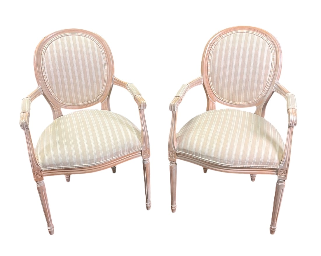 PAIR OF SHABBY CHIC UPHOLSTERED ARM CHAIRS: PAIR OF SHABBY CHIC UPHOLSTERED ARM CHAIRS Height: 36.5 in. by Width: 23 in. by Depth: 24 in.