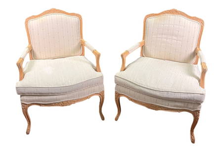 PAIR OF WOODEN FRENCH STYLE UPHOLSTERED ARM CHAIRS: PAIR OF WOODEN FRENCH STYLE UPHOLSTERED ARM CHAIRS Height: 38.5 in. by Width: 29.5 in. by Depth: 27 in.