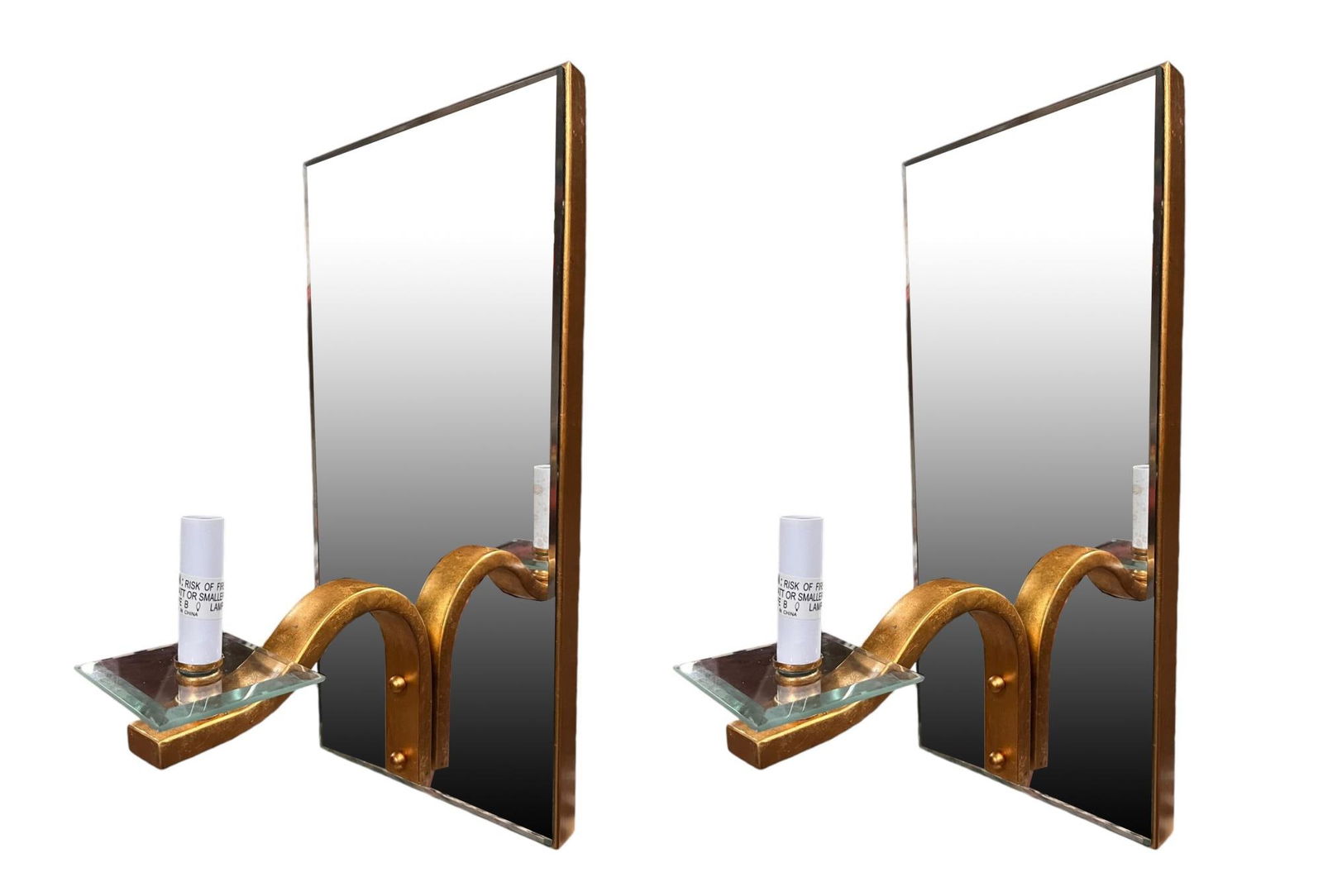 PAIR OF CONTEMPORARY GILT METAL MIRRORED SCONCES: PAIR OF CONTEMPORARY GILT METAL MIRRORED SCONCES WITH GLASS ON BOTTOM OF THE FIXTURE. Height: 18 in. by Width: 8 in. by Depth: 11 in.