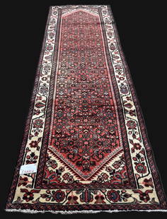 ANTIQUE PERSIAN HAND KNOTTED HAMADAN RUNNER: ANTIQUE PERSIAN HAND KNOTTED HAMADAN RUNNER. (7) Height: 10 ft. 4 in. by Width: 3 ft. 5 in.