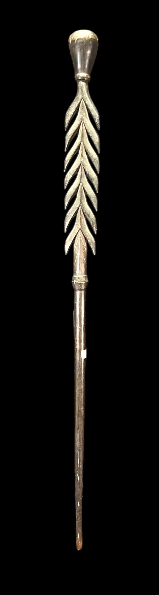 CEREMONIAL CARVED WOODEN SPEAR: CEREMONIAL CARVED WOODEN SPEAR. Height: 40 in. by Width: 2 in. by Depth: 4 in.