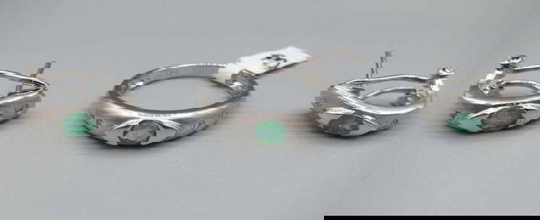 14KT DIAMOND & EMERALD RING & EARRINGS SET: 14KT WHITE GOLD DIAMOND & EMERALD EARRING AND RING SET. THE DIAMONDS AND EMERALDS ARE FLASH MOUNTED & THE EARRINGS HAVE OMEGA BACKS. THIS NEW SET IS 5.2 GRAMS. RING SIZE 6.