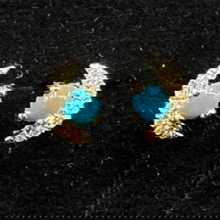 18K YELLOW GOLD TURQUOISE AND DIAMOND EARRINGS: 18K YELLOW GOLD TURQUOISE AND DIAMOND EARRINGS 18KY 1.96 GM TU 2 0.36 RD 14 0.07 MIN 0.36 E2411832 (47)