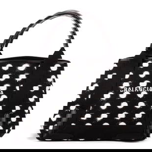 Balenciaga Cabassa Polka Dot Handbag: Balenciaga Cabassa Polka Dot Handbag in Black, Fabric Canvas, Black leather handles,Silver Hardware 339933.1097.R.002123,Italy 9.80 OAG5331 Height: 8 in. by Width: 12 in. by Depth: 3