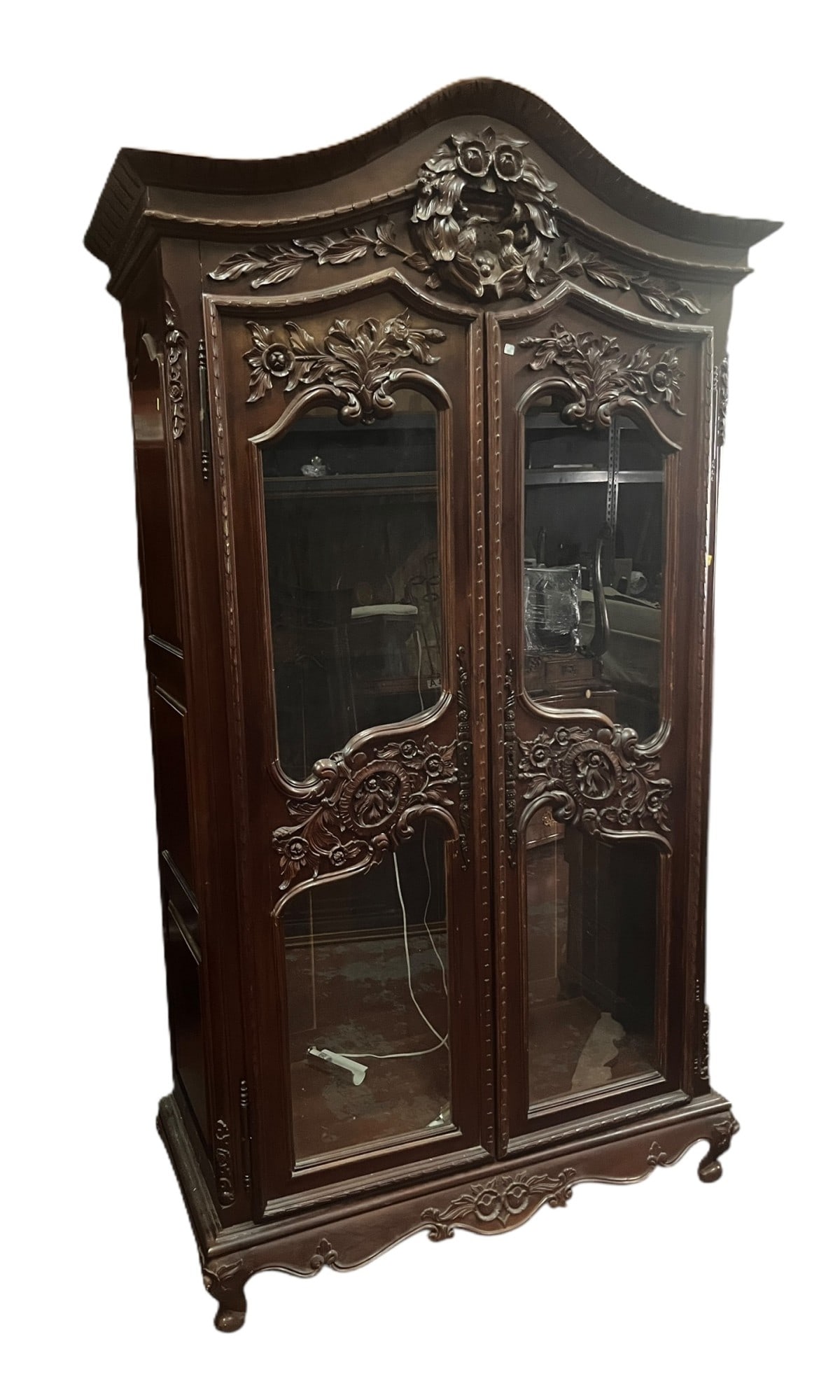 COUNTRY FRENCH MAHOGANY & GLASS DISPLAY CABINET: COUNTRY FRENCH STYLE MAHOGANY & GLASS DISPLAY CABINET. Height: 90 in. by Width: 52 in. by Depth: 25 in.