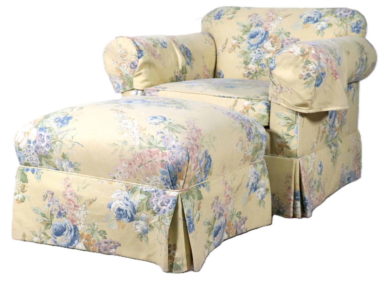 CLUB CHAIR & OTTOMAN IN FLORAL UPHOLSTERY: CLUB CHAIR & OTTOMAN IN FLORAL UPHOLSTERY. Height: 33 in. by Width: 38 in. by Depth: 33 in