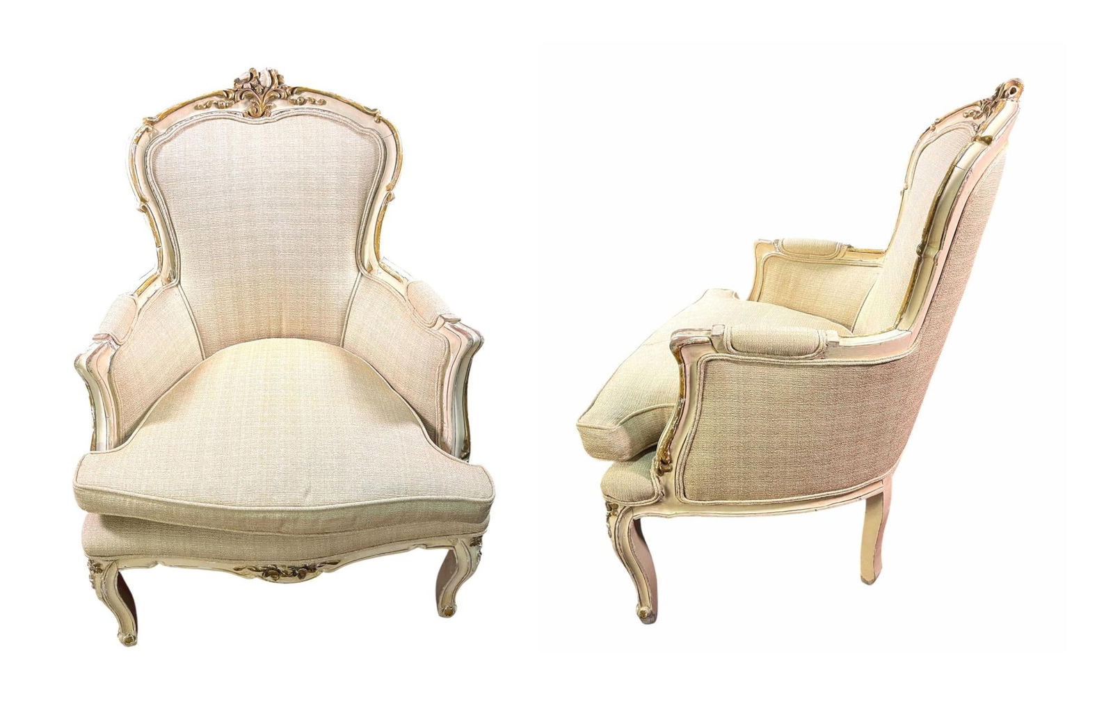 PAIR OF ANTIQUE DISTRESSED LOUIS XV FRENCH CHAIRS: PAIR OF ANTIQUE PAINTED DISTRESSED LOUIS XV FRENCH CHAIRS. Seat height: 18 inches. Height: 38 in. by Width: 27 in. by Depth: 30 in.